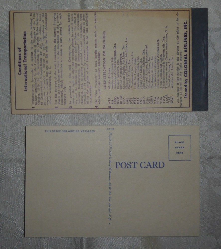 Vintage 1946 Colonial Airline Ticket and Postcard