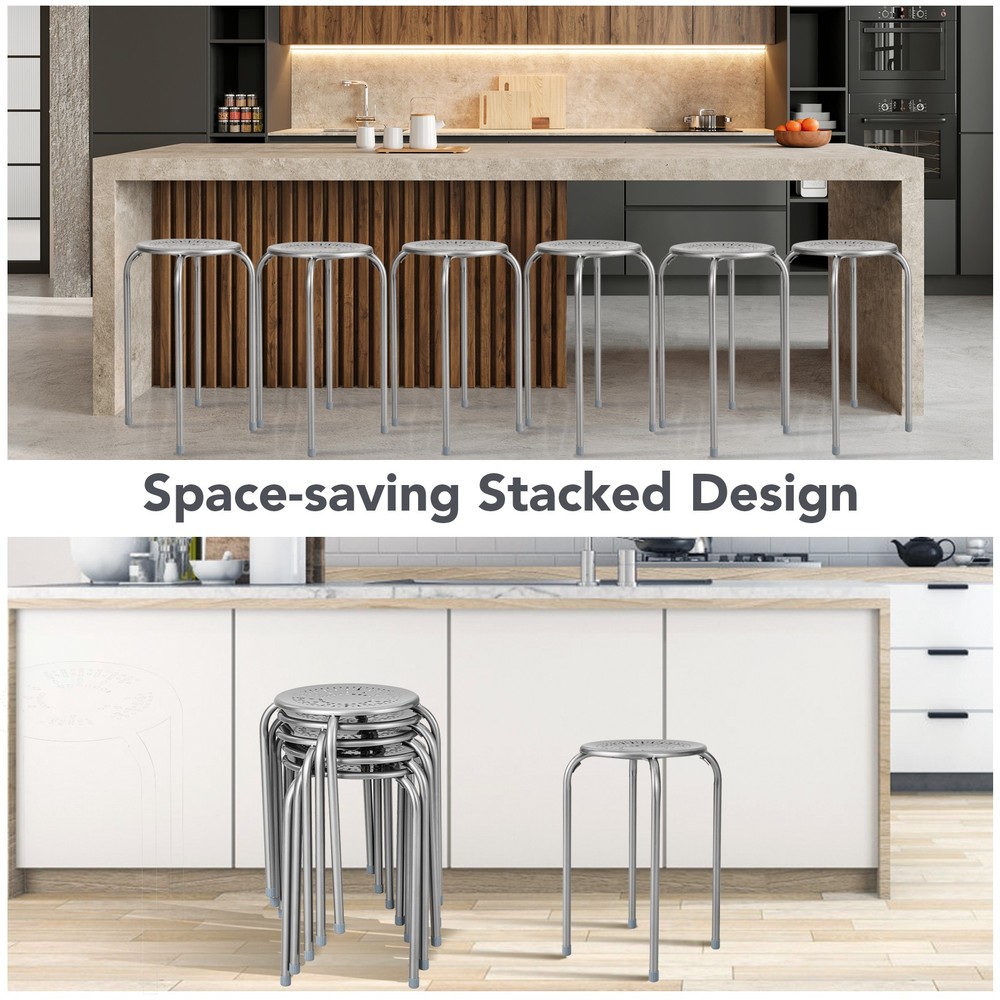 6PCS Stackable Metal Stool Set Daisy Backless Round Top Kitchen Grey