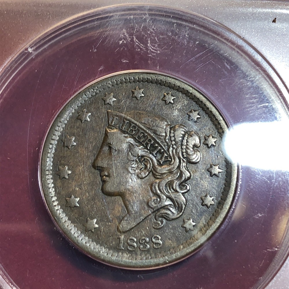 1838 large cent N.10 ANACS VF30 Late Die State