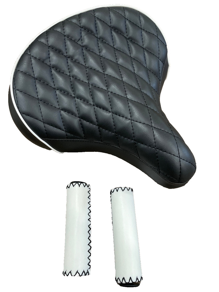 Beach Cruiser DIAMOND Pattern Seat BLACK Saddle + Grips Set Universal Bicycle