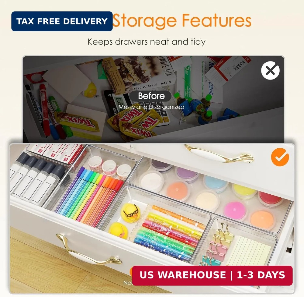 Criusia Drawer Organizer, 10 Pack Large Clear Plastic Set, 3 Size Versatile Bath