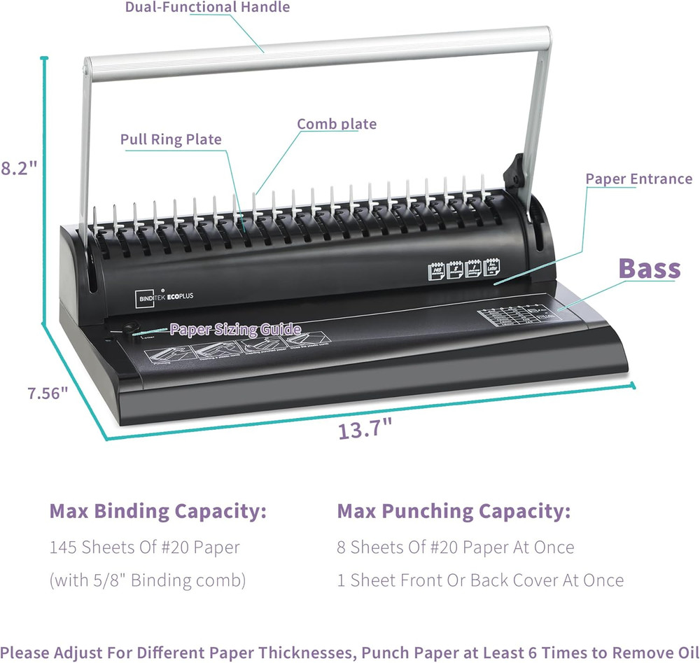 Binding Machine, 19-Hole, 145 Sheets, Comb Binder Machines with 30 PCS 1/2" Bind