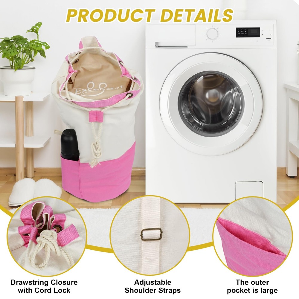 Single-shoulder backpack-style laundry bag with shoulder strap and pockets, m...