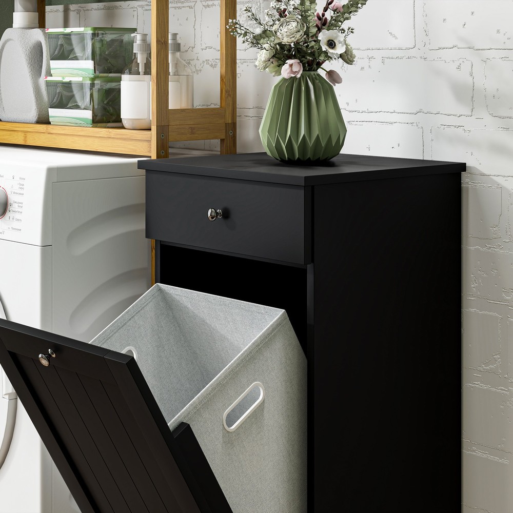 Tilt Out Laundry Hamper, Laundry Hamper Cabinet with Drawer, Black