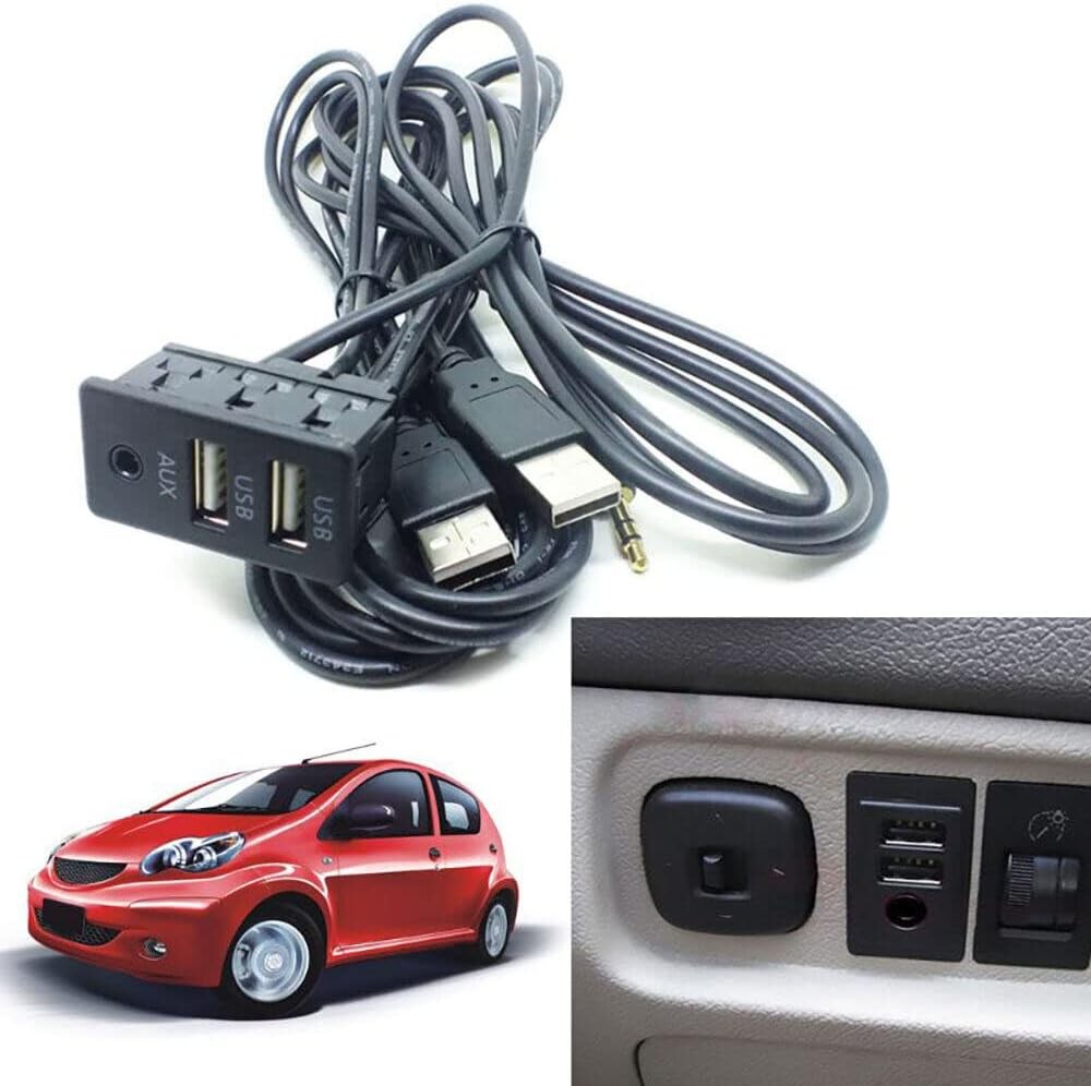 Car Dash Flush Mount AUX USB Port 1.5M Panel Dual Extension Cable Black
