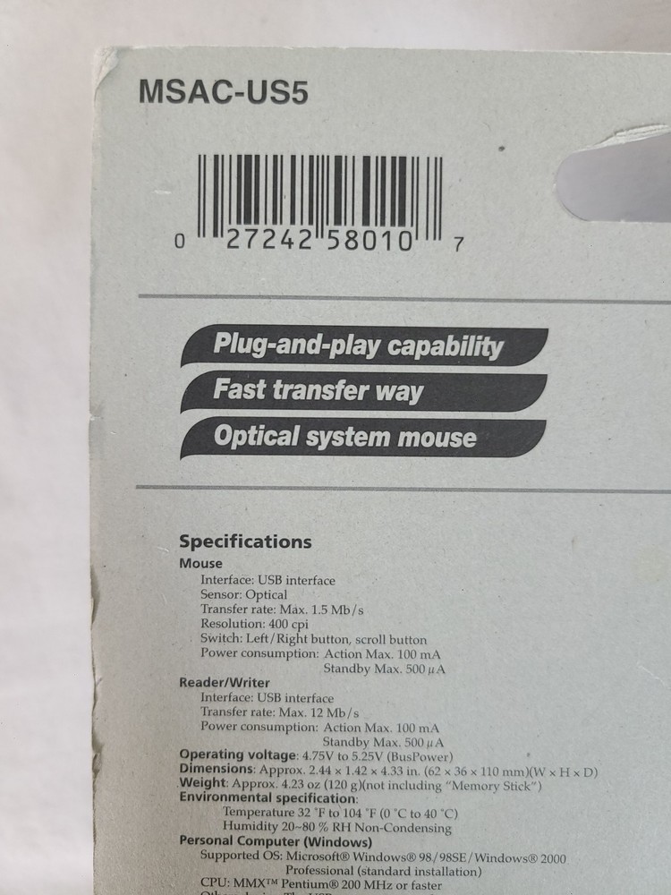 Vintage / Sony Memory Stick Reader Writer USB Optical Mouse / MSAC-US5 / Sealed