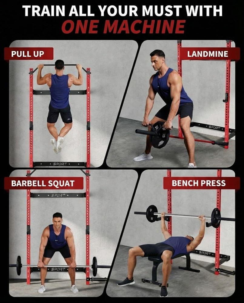 1000LBS Capacity Folding Wall-Mounted Squat Rack W/ Pull-Up Bar J-Hooks&Landmine