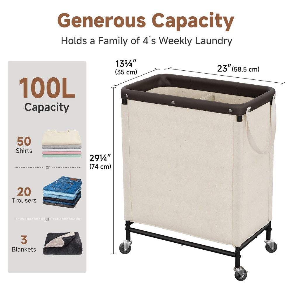 StorageWorks 2 Section Laundry Hamper, Rolling Laundry Cart with Wheels and H...