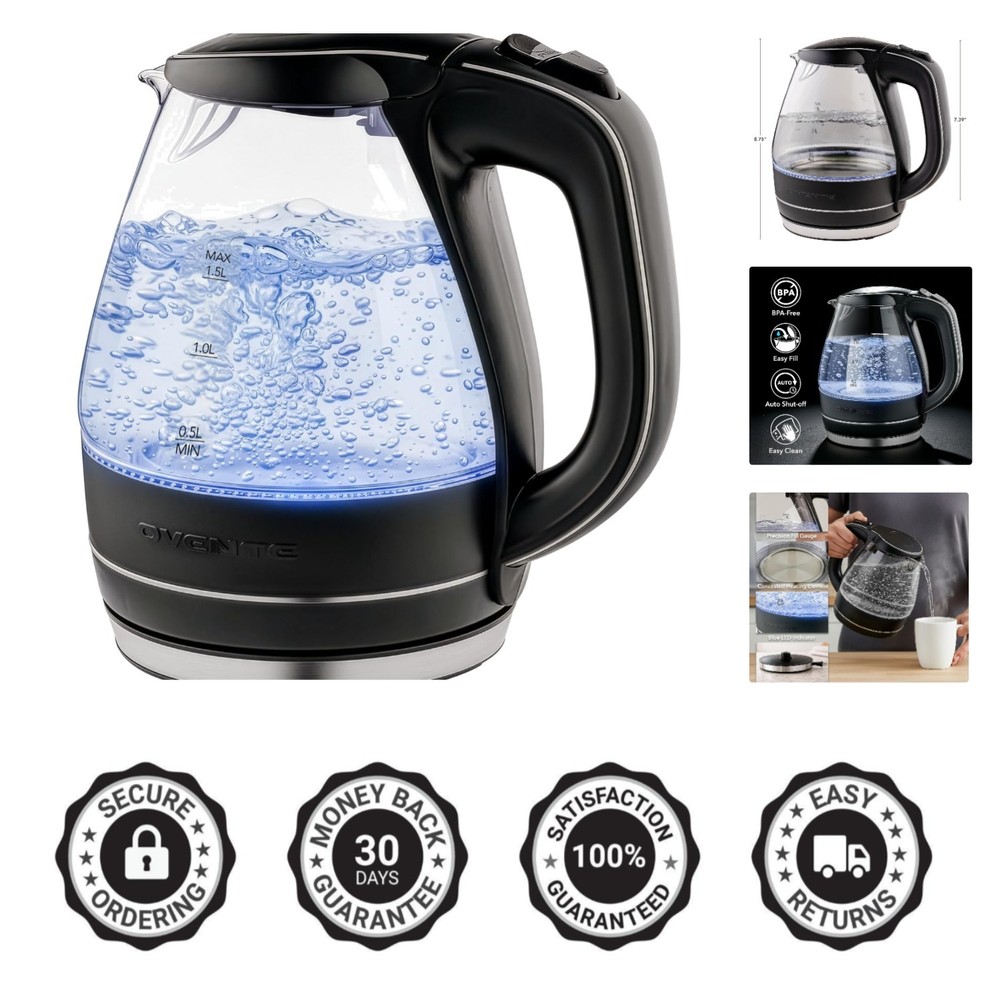 Fast Boil 1.5L BPA-Free Glass Kettle - Stylish with 360° Base & Removable Filter