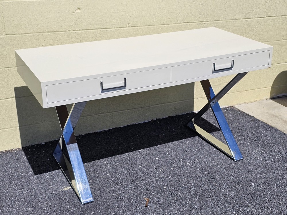 MCM Milo Baughman? Style Campaign Writing Desk White Lacquer & X Chrome Base
