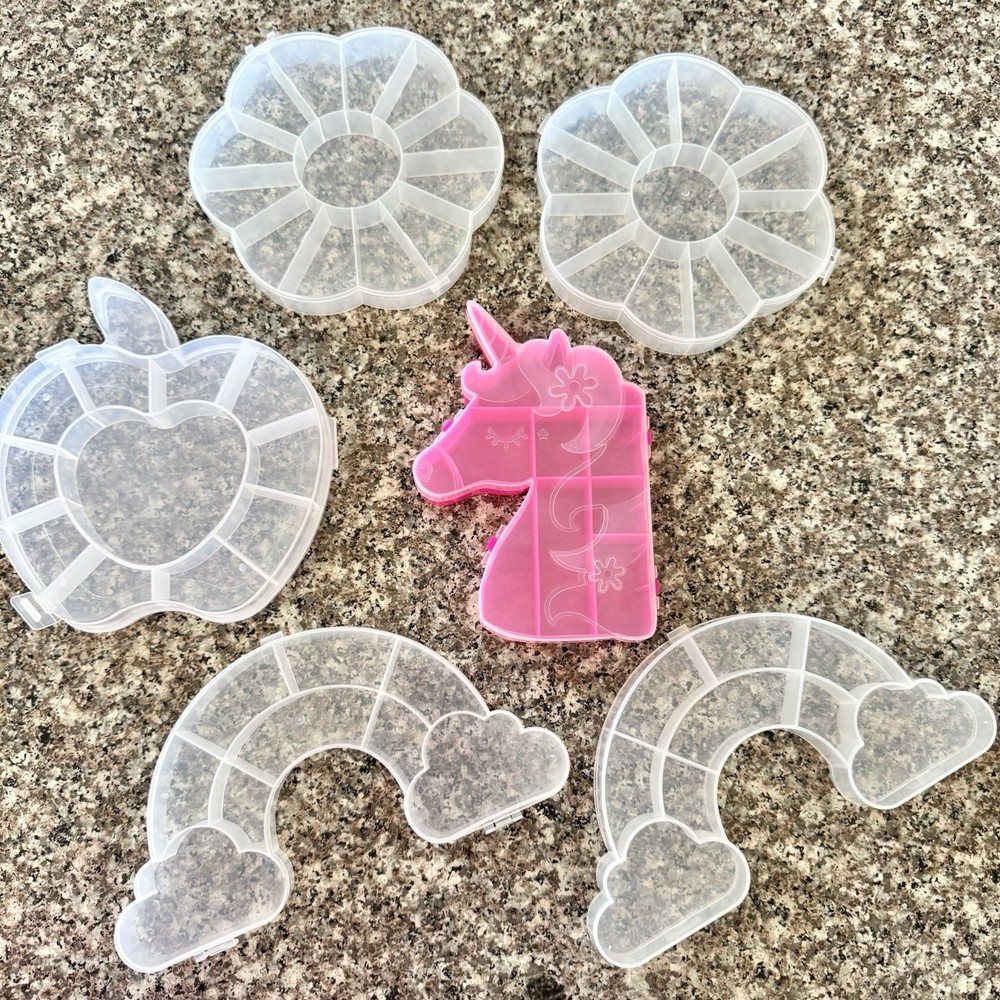 6 Empty Bead Organizer Containers ~ Clear Plastic ~ Apple Unicorn Rainbow Flower