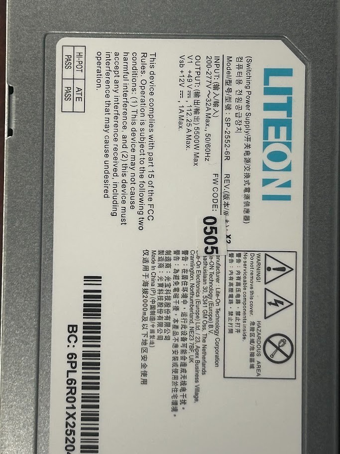 LiteOn Model SP-2552-6R 5500W Switching Power Supply Working Pull #95