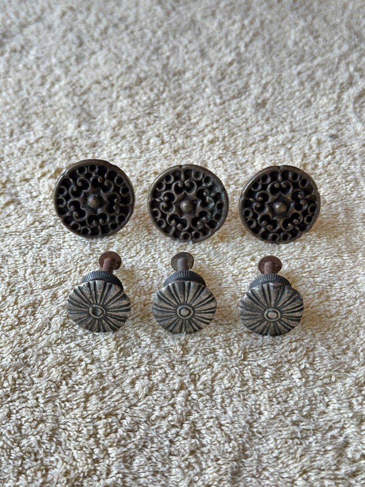 Lot of 6 Solid Brass Floral Pattern Drawer Pulls Knobs Handles Reclaimed VTG