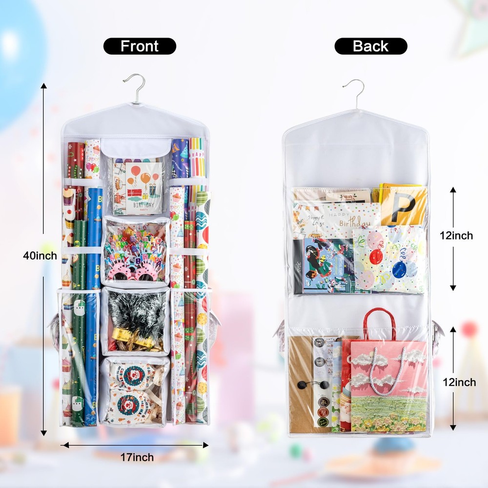 Wrapping Paper Organizer - Hanging Gift Wrap Storage Container Double-Sided W...