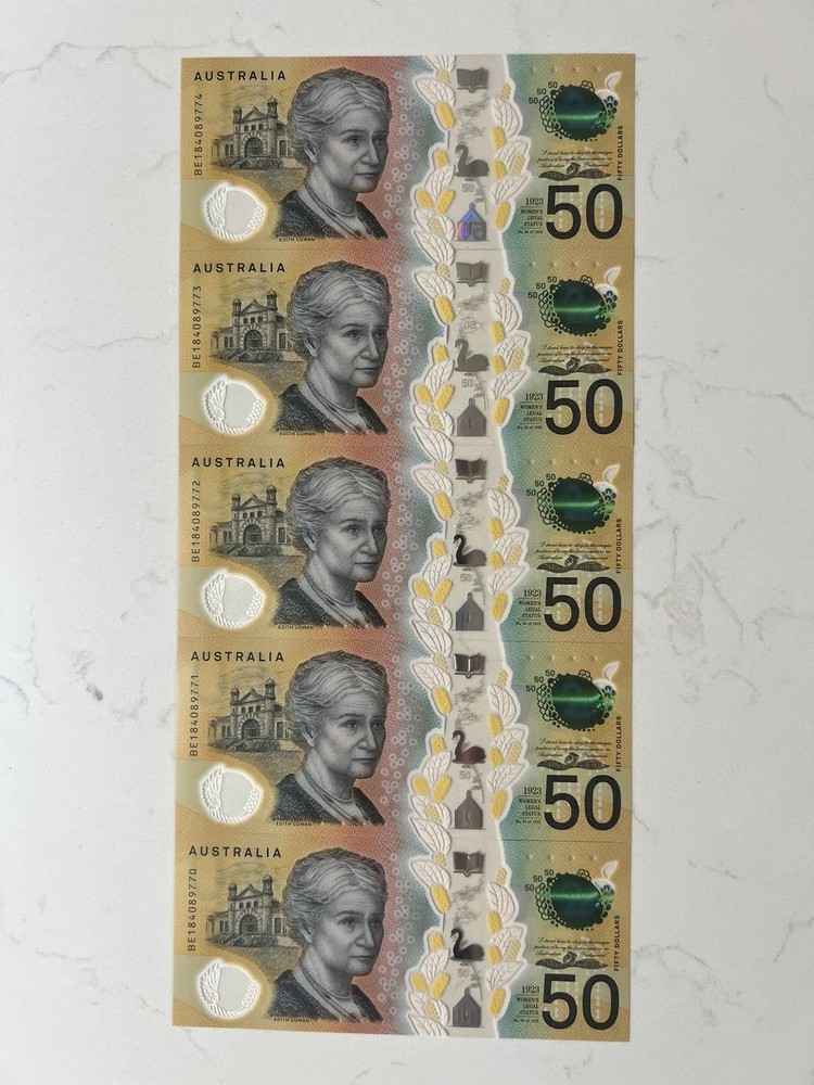 Australia $50 x 5 Next Generation Notes. UNC Consecutive Serial Numbers Perfect
