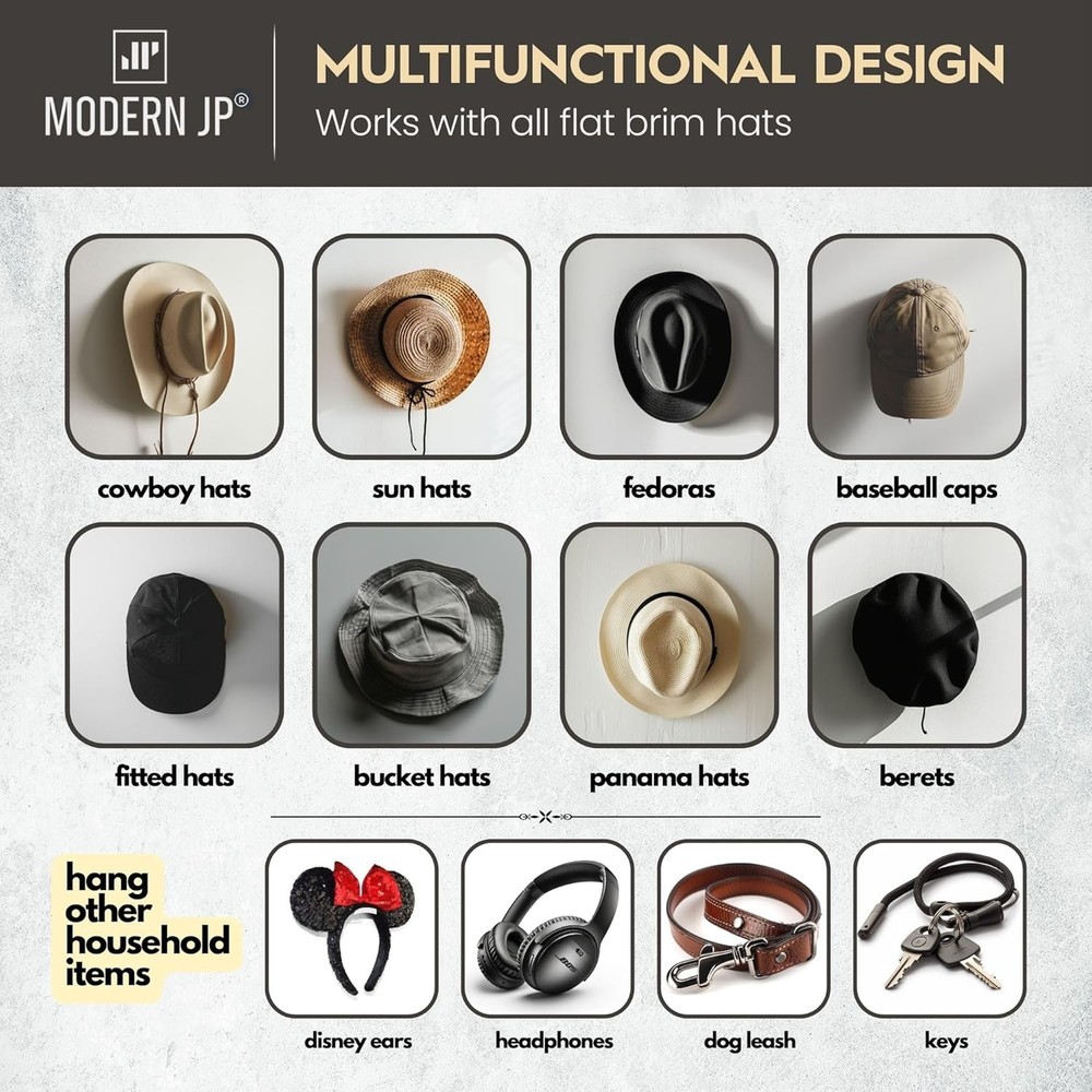 Modern JP Adhesive Hat Hooks for Wall (6-Pack) - Cowboy Rack, Wide White