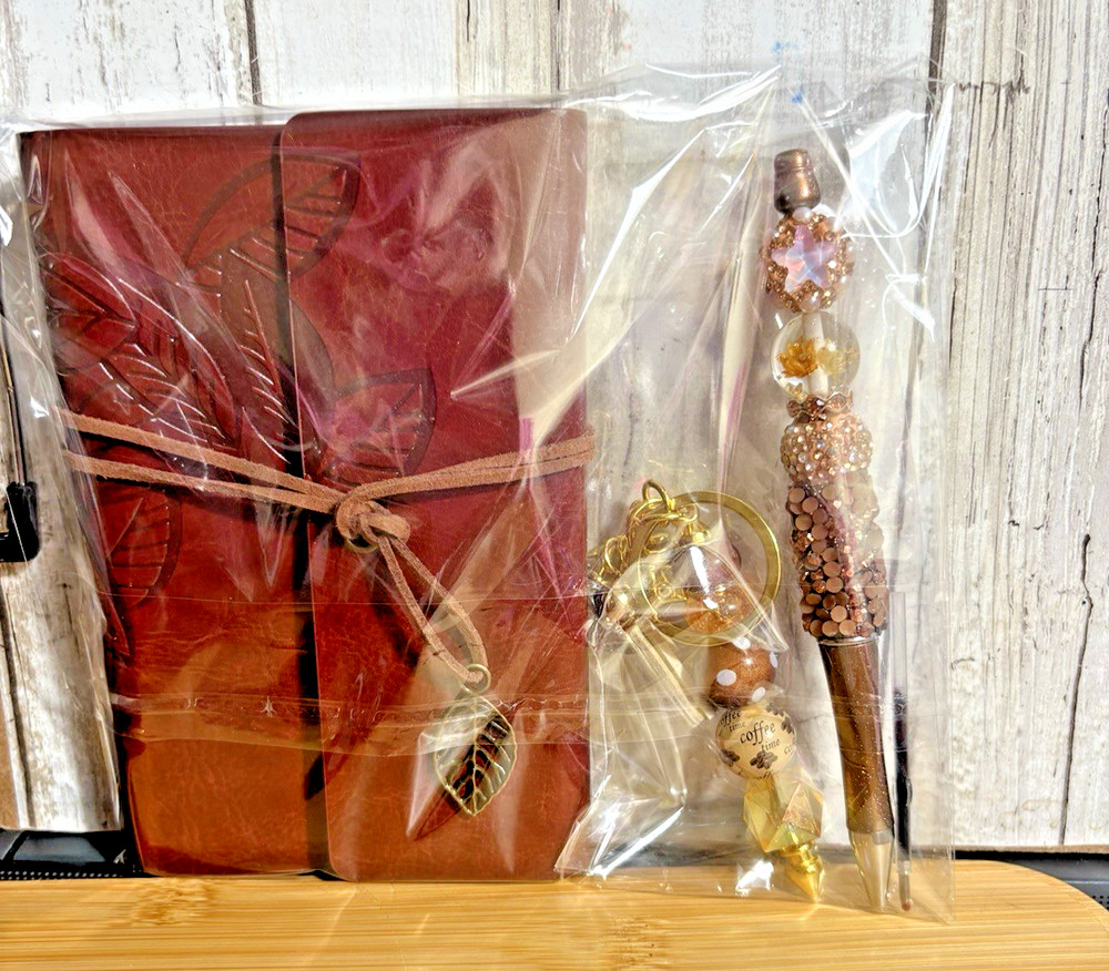 HANDCRAFTED BEADED PEN , key chain & NOTE PAD SET
