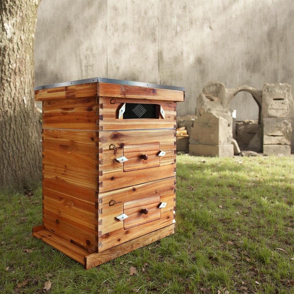 3 Layer 10 Frame Beekeeping Starter Hive 2 Deep 1 Medium Cedarwood Kit w/ Window