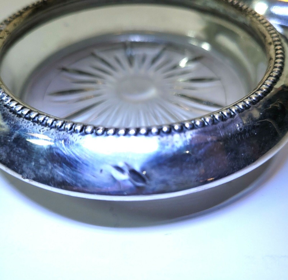 2 Vintage Beaded Trim Sterling Silver Crystal Coasters