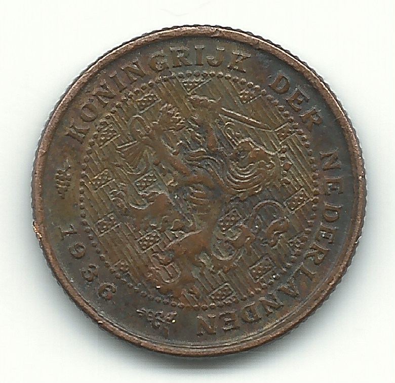 A HIGH GRADE XF 1936 NETHERLANDS 1/2 - HALF CENT-DEC525