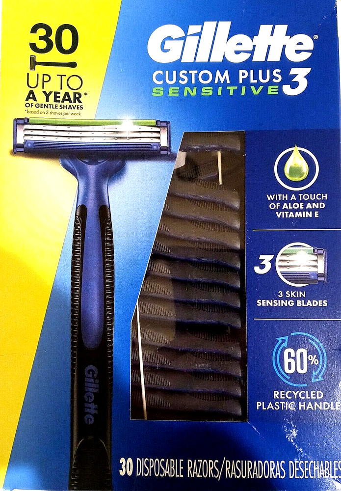 Gillette Custom Plus3 Sensitive Disposable Razors 30 Ct With Enhanced Lubrastrip