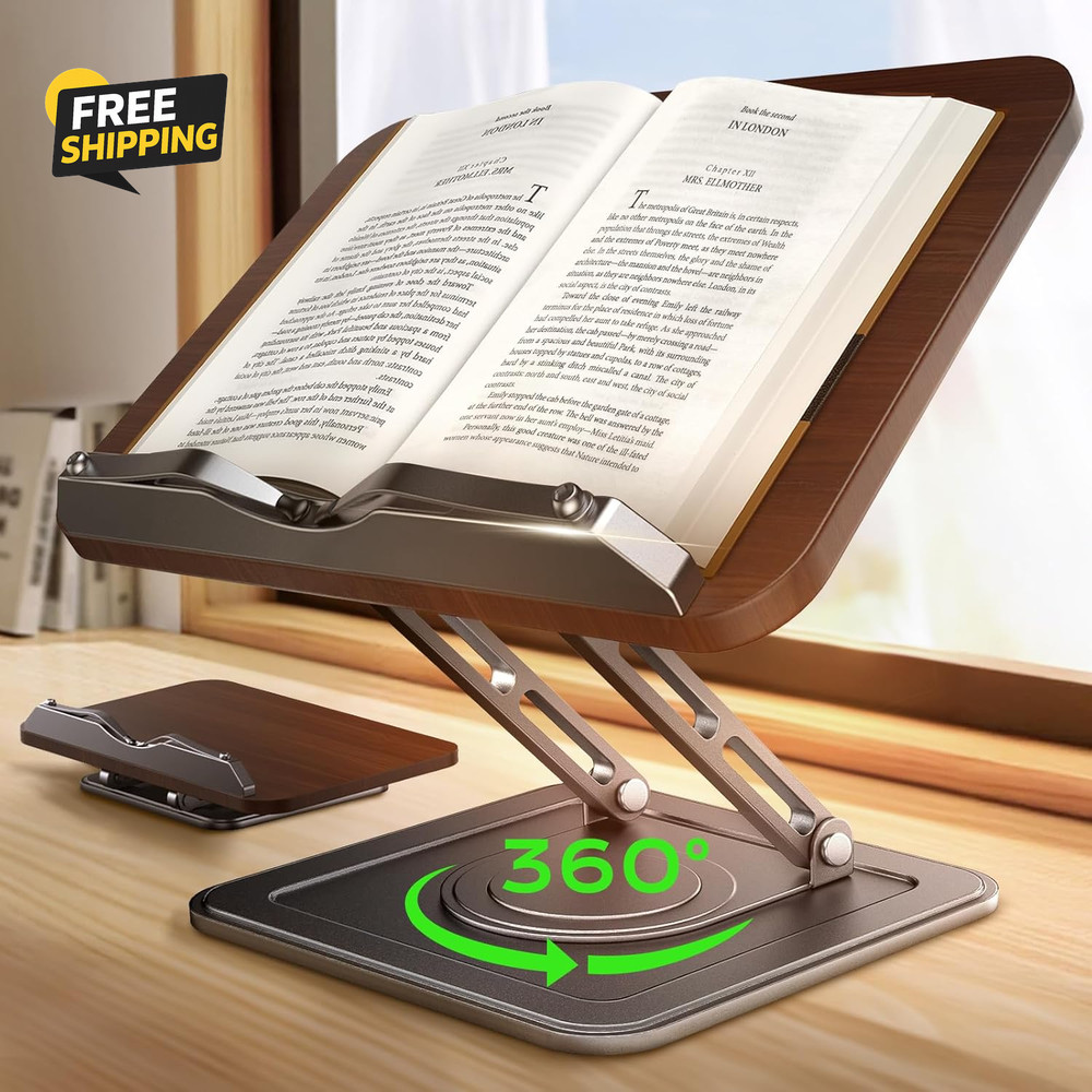 Book Stand for Reading, Adjustable Book Holder with 360°Rotating Bases
