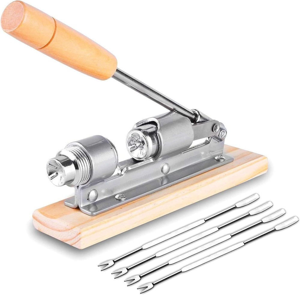 Heavy Duty Pecan Nut Cracker Tool with 4 Picks, Wood Base & Handle