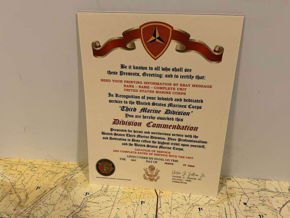 U.S.M.C. / THIRD MARINE DIVISION ~ DIVISION COMMENDATION REPLACEMENT CERTIFICATE