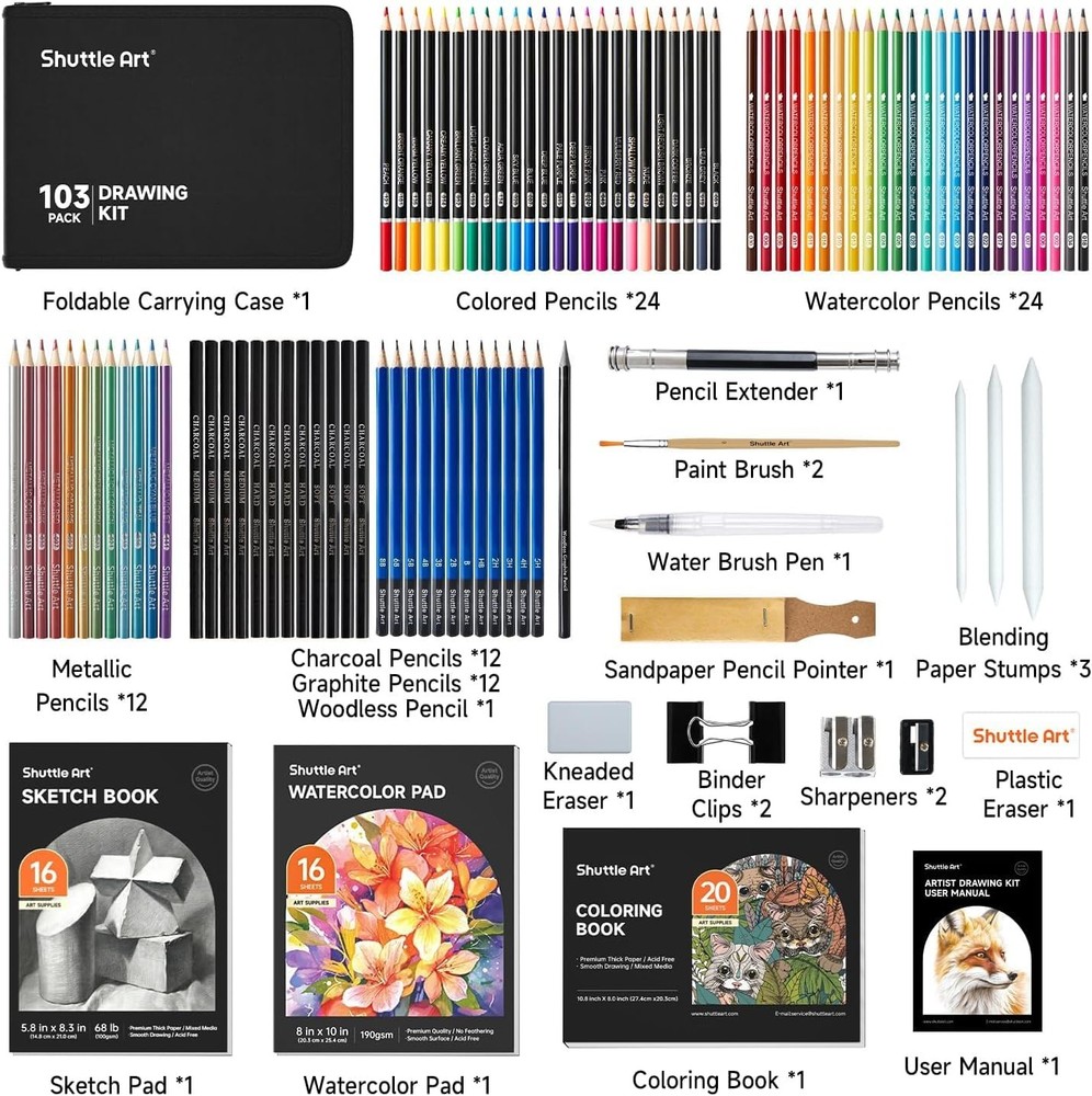 Drawing Set 103 Pack - Graphite, Colouring, Watercolour Pencils | Portable Case