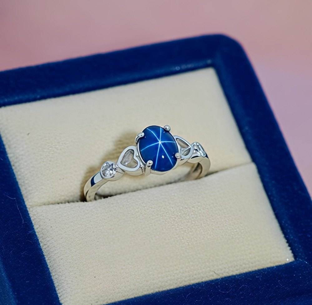 Blue Lindy Star Sapphire Ring, 925 Sterling Silver Ring, Lab Created