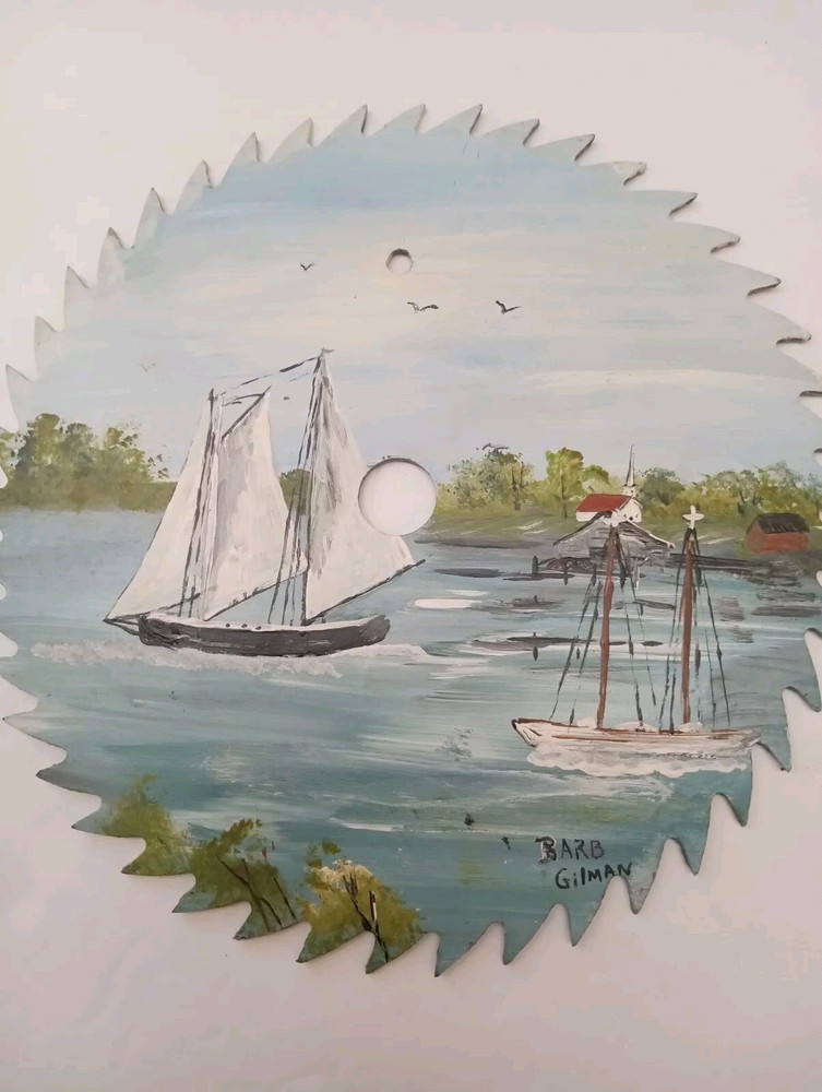 Hand Painted Saw Blade, 7", Boat Scene