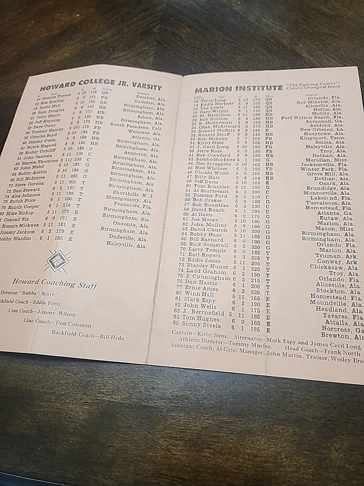 1963 The Marion Institute Vs Howard Junior Varsity Program Johnson Field Marion