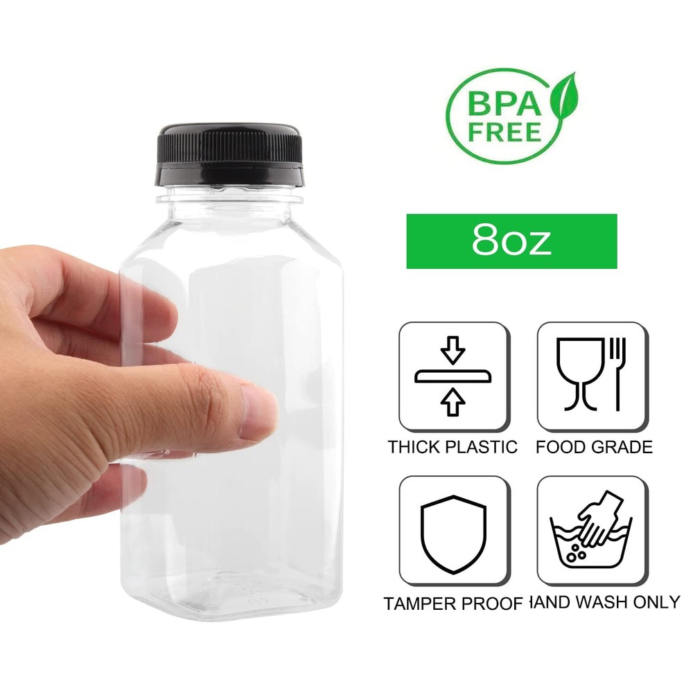12 Pack 8oz Plastic Juice Bottles with Black Tamper Caps - Clear,