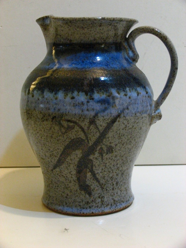 Stoneware Ceramic Glazed Pitcher Vase Leaves Brown Blue Rings