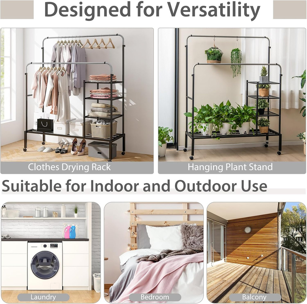 Sturdy Adjustable Rolling Garment Rack with Lockable Wheels & Shelves