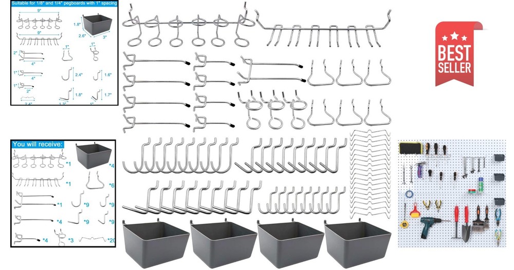 Versatile 80-Piece Pegboard Hook Assortment with Bins for Garage & Kitchen Use