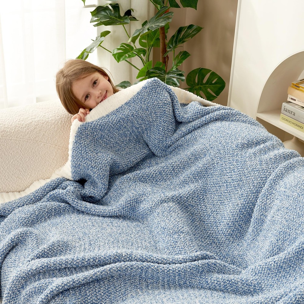 Blue Throw Blankets for Couch, Reversible Super Soft Warm Blankets Cozy Knit ...