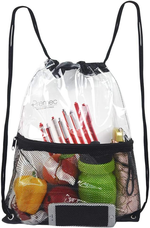 Clear Drawstring Bag, PVC Backpack with Front Zipper Mesh Black