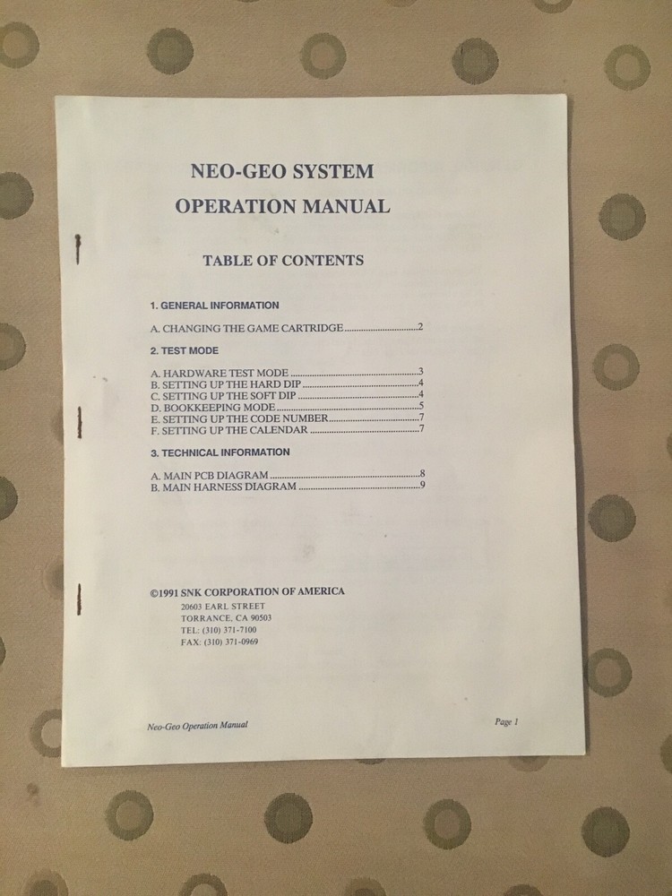 SNK Neo Geo System Operation Manual, 1990