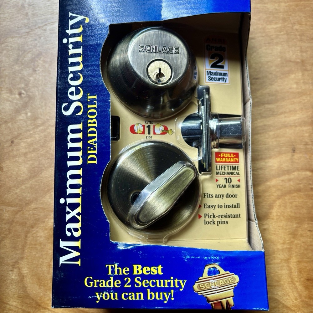Schlage Deadbolt Maximum Security Lock Set Antique Brass Grade 2 Security New!!