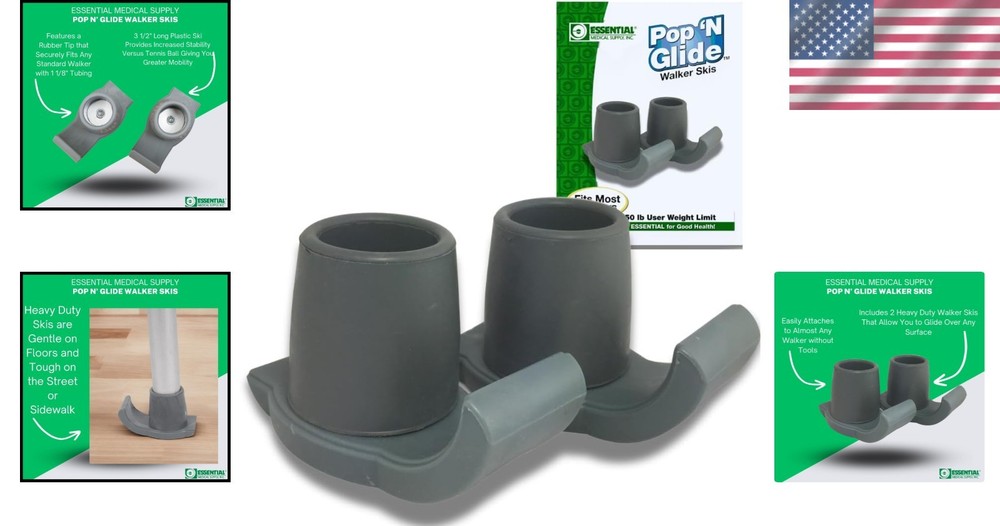 Pop & Glide Universal Fit Walker Ski Glides - Gray 2 Pack for Smooth Mobility