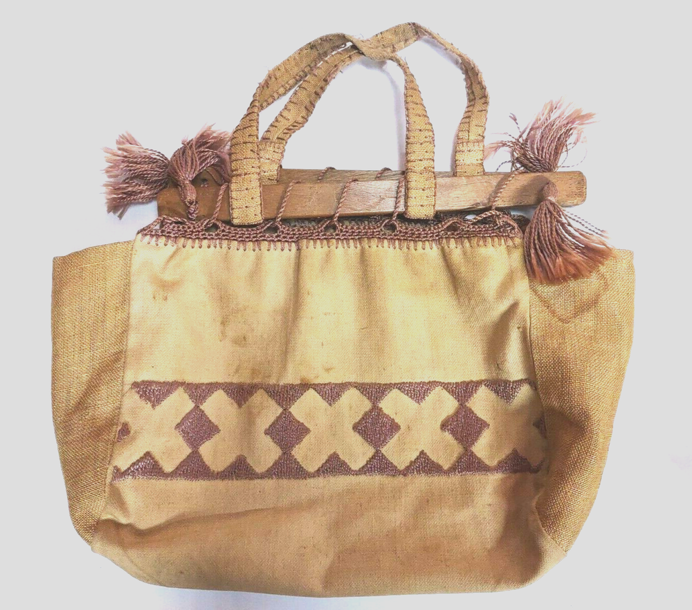 Bag Tote Needlepoint Crochet Burlap Wood Handles Primitive READ