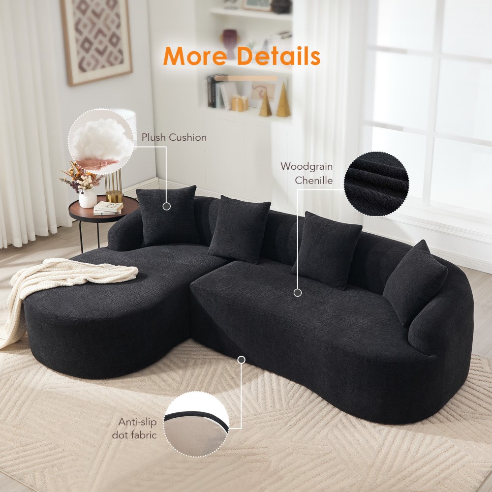 L-Shape Sectional Sofa w/ Chaise, Black Chenille Modular Couch, 30D Foam