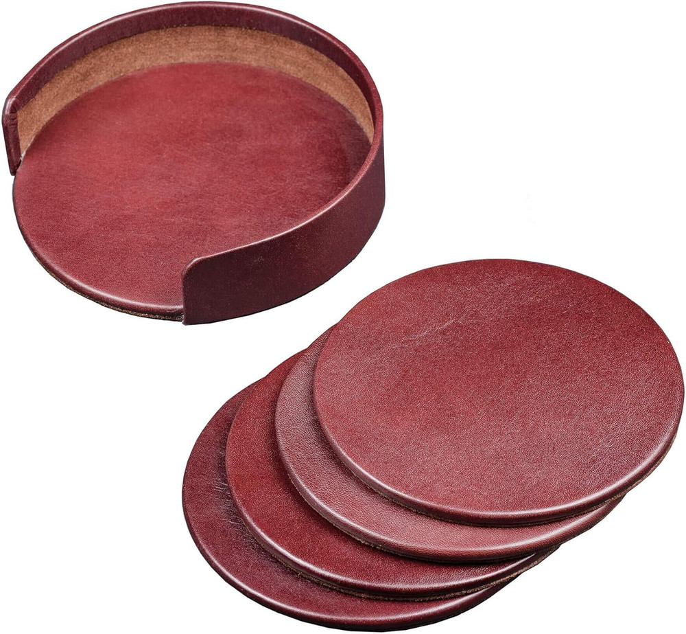 Mocha Leather 4-Round Coaster Set