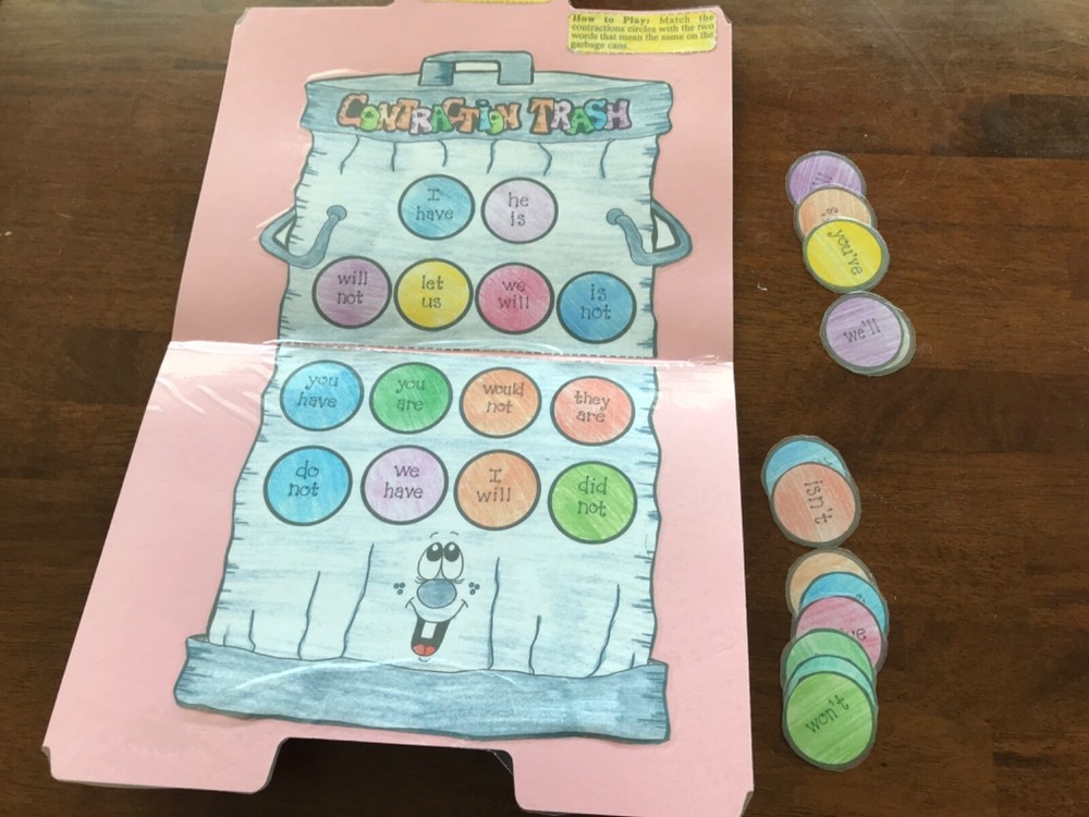 Contraction Trash! Contractions 1-4 Grade language arts file folder game