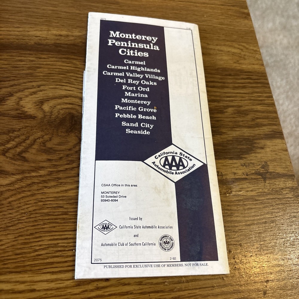 California State AAA Map Monterey Peninsula Cities 1992