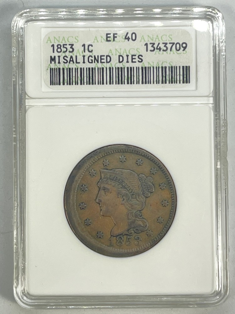 1953 Large Cent Misaligned Die Error XF40 ANACS Soapbox