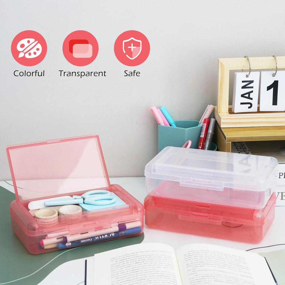 1 Pack Double Layer Hard Pencil , Plastic Translucent Pencil Box with Snap-Tight