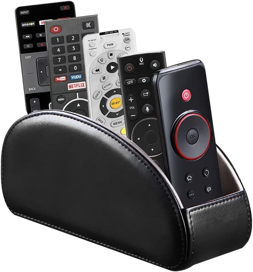 PU Leather Remote Control Holder with 5 Compartments - Storage Tray & Desktop Or