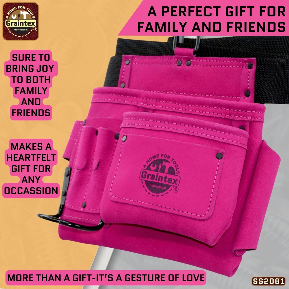 5 Pocket Suede Leather Tool Belt/Bag | Pink | Multipurpose Leather Tool Belt ...